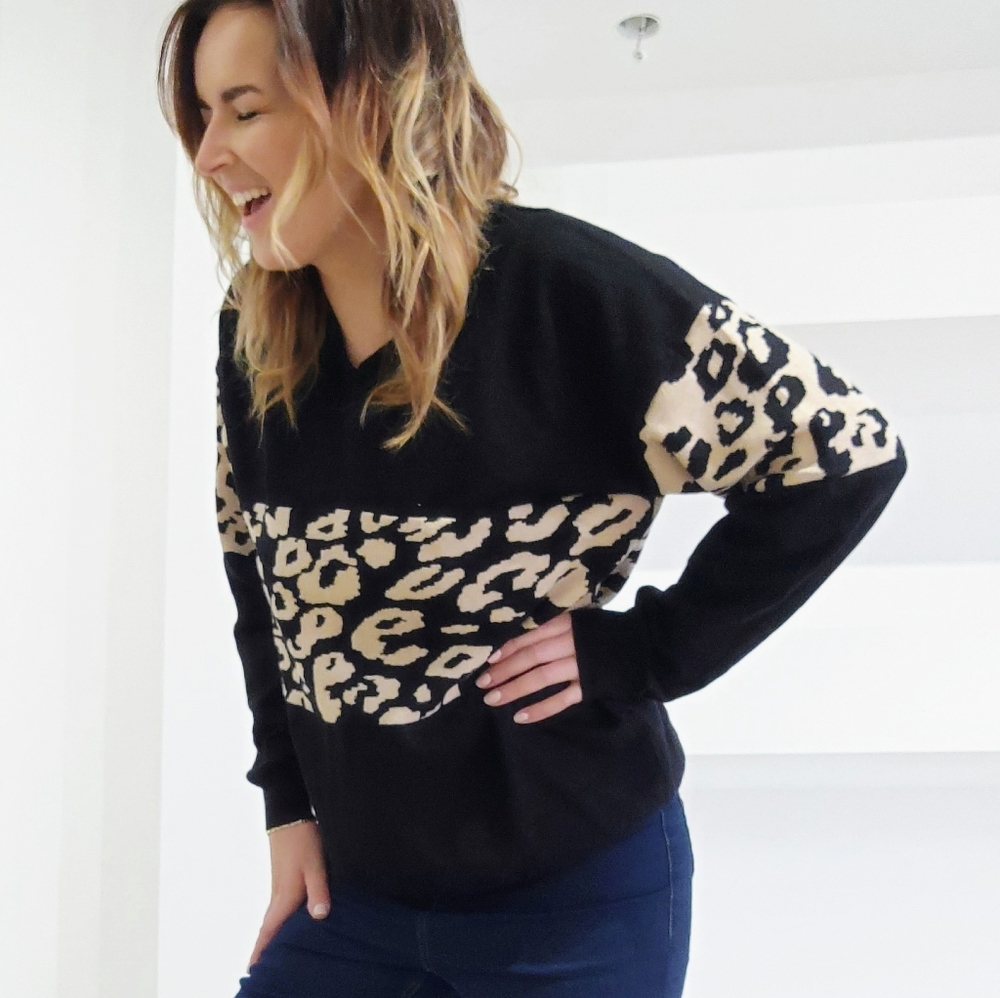 Leopard Animal Print medium weight Sweater Black